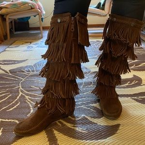 Minnetonka brown fringe boots.
